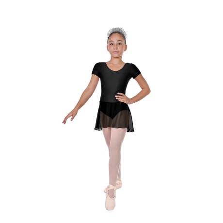 Girls Short Sleeved Leotard With Skirt, Lycra Matt Black