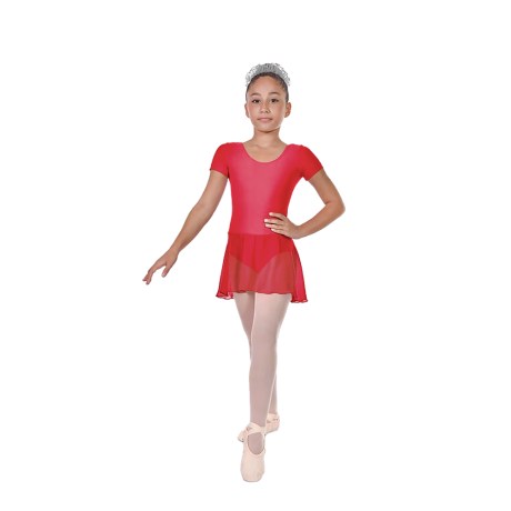 Girls Short Sleeved Leotard With Skirt, Cotton - Elastane Red