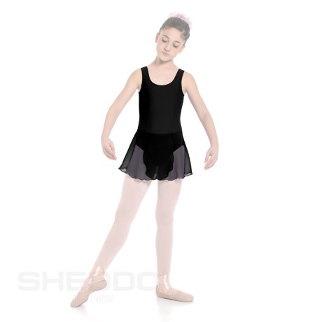 Girls Tank Leotard With Princess Seams & Crossover Skirt, Lycra Matt Black