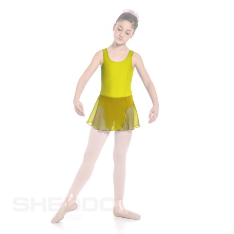 Girls Tank Leotard With Princess Seams & Crossover Skirt, Cotton - Elastane Lemon Yellow