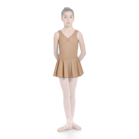 Girls Tank Pinched Front Low Back Leotard With Skirt, Lycra Matt Nude