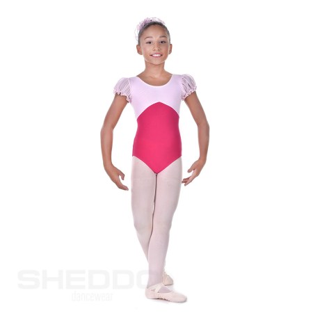 Girls Bicoloured Puff Sleeved Leotard Pinched Key Hole, Cotton - Elastane Light Pink & Fuchsia