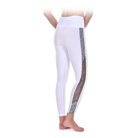 Female Active Leggings With Side Net Panels, Lurex Lycra & Net, White & Black