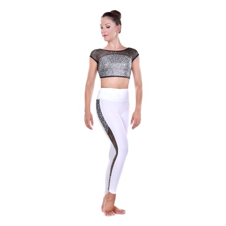 Female Active Leggings With Side Net Panels, Lurex Lycra & Net, White & Black