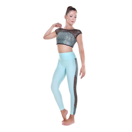 Female Active Leggings With Side Net Panels, Lurex Lycra & Net, Frozen & Black