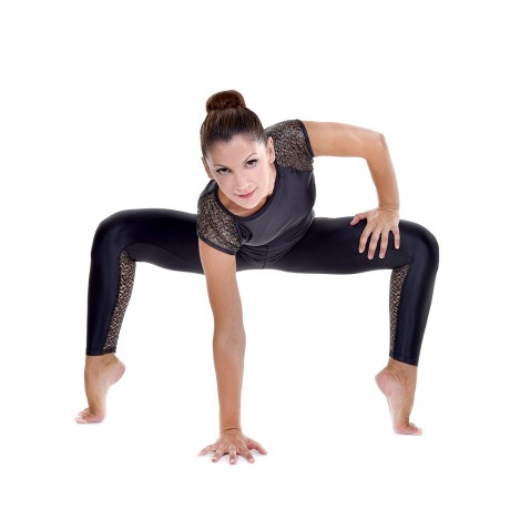 Female Active Fitted Ankle Leggings With Back Net Panels, Lurex Lycra & Net, Black