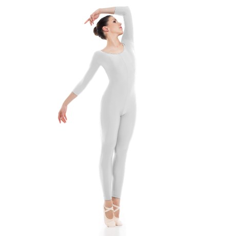 Female 3/4 Sleeved Unitard, Cotton - Elastane, White