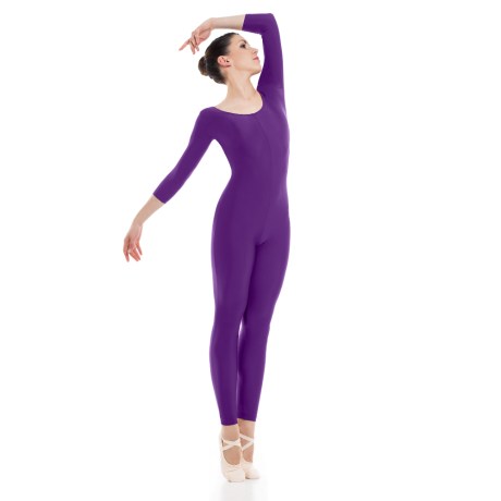 Female 3/4 Sleeved Unitard, Cotton - Elastane, Purple