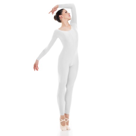 Female Long Sleeved Unitard, Cotton - Elastane White