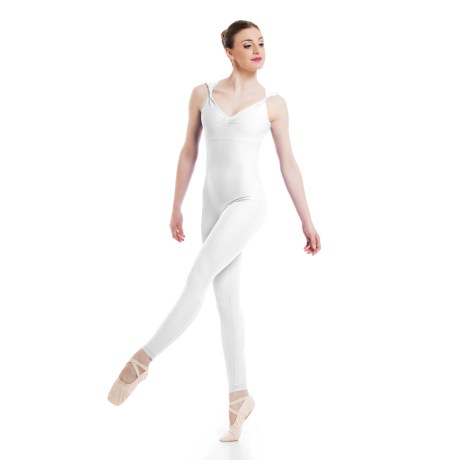 Female Twisted Shoulder Pleated Double Front Low Back Unitard, Cotton - Elastane White