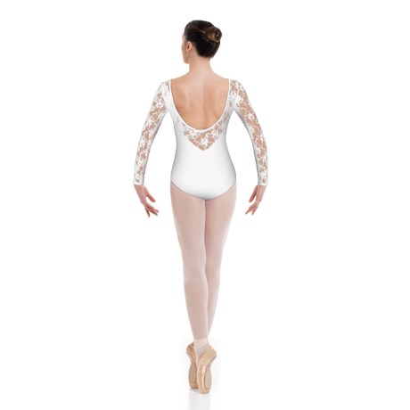 Female Long Sleeved Leotard L/Back Upper Lace Bodice Full Lining, Lycra Matt White