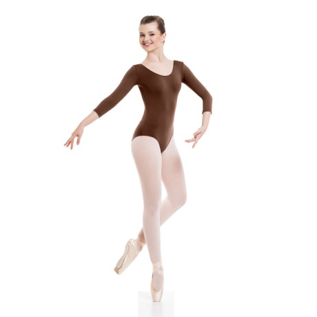 Female 3/4 Sleeved Leotard Full Lining, Cotton - Elastane Brown