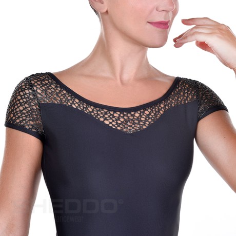 Female Cap Sleeved Leotard Upper Net Bodice Full Lining, Lurex Lycra Black