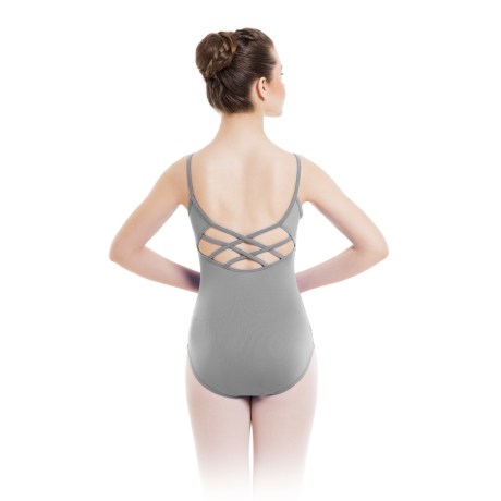 Female Camisole Low Back Leotard With Interlaced Straps Bra Lining, Cotton - Elastane Light Grey