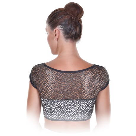 Female Crop Top With Net Upper & Cap Sleeve Boatneck Fully Lining, Lurex Lycra & Net, Frozen & Black