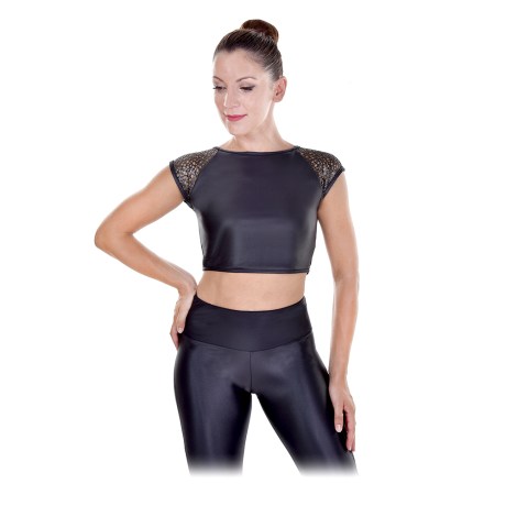 Female Cap Sleeved Boatneck Crop Top, with Netting on the Back, Lurex Lycra, Black