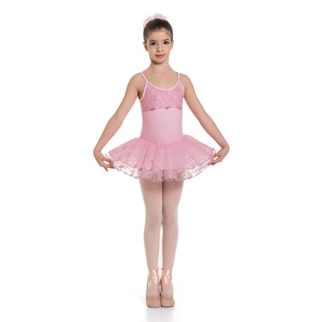 Girls Camisole Leotard With Tulle Lace Skirt Upper Lace Bodice, Lycra Soft Pink