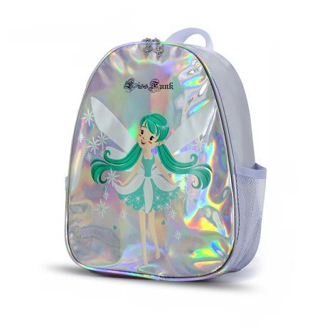 Children's Single Compartment Backpack with Side Pouches, Metallic Silver/Turquise