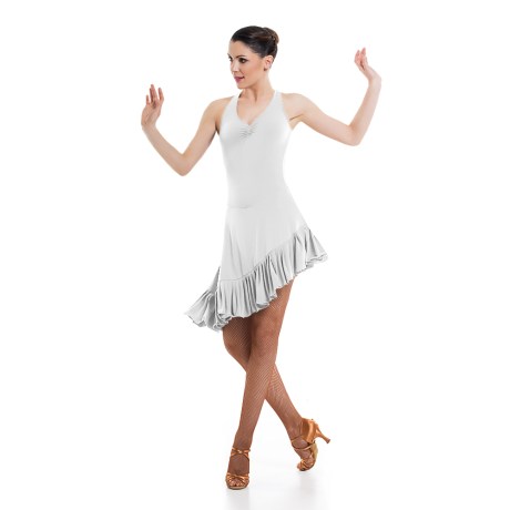 Female Criss-Cross Asymmetric Leotard Dress feat Wide Straps Low Back & Ruffle Hem, Super Jersey White