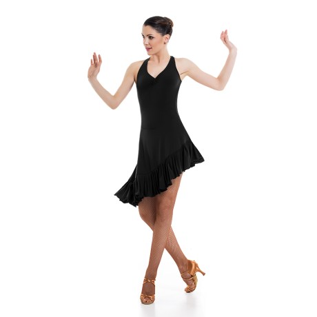 Female Criss-Cross Asymmetric Leotard Dress feat Wide Straps Low Back & Ruffle Hem, Super Jersey Black