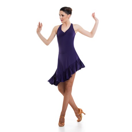 Female Criss-Cross Asymmetric Leotard Dress feat Wide Straps Low Back & Ruffle Hem, Super Jersey Eggplant