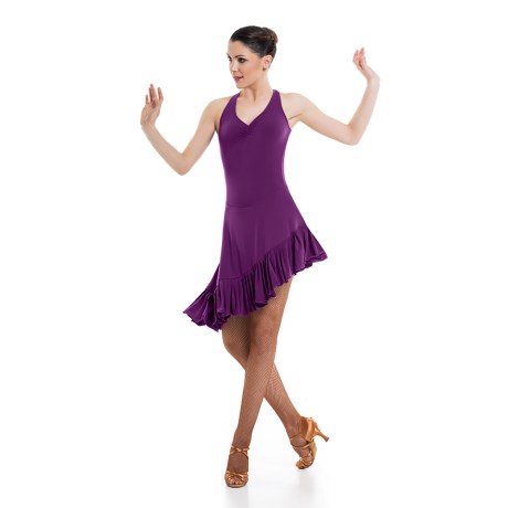 Female Criss-Cross Asymmetric Leotard Dress feat Wide Straps Low Back & Ruffle Hem, Super Jersey Plum