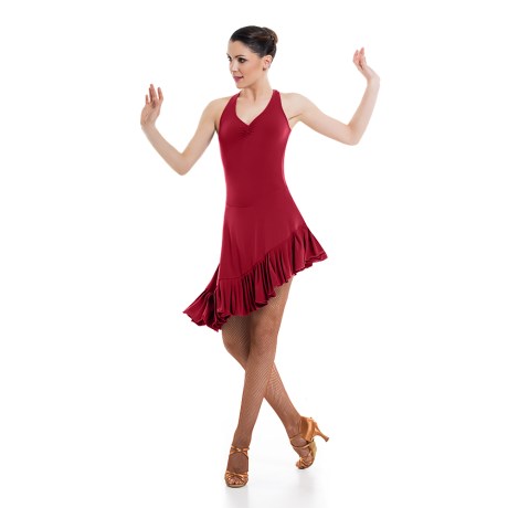 Girls Criss-Cross Asymmetric Leotard Dress feat Wide Straps Low Back & Ruffle Hem, Super Jersey Red