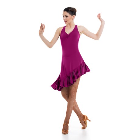 Female Criss-Cross Asymmetric Leotard Dress feat Wide Straps Low Back & Ruffle Hem, Super Jersey Fuchsia