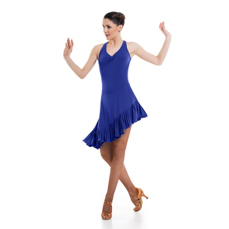 Female Criss-Cross Asymmetric Leotard Dress feat Wide Straps Low Back & Ruffle Hem, Super Jersey Electric Blue