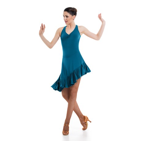 Female Criss-Cross Asymmetric Leotard Dress feat Wide Straps Low Back & Ruffle Hem, Super Jersey Petrol