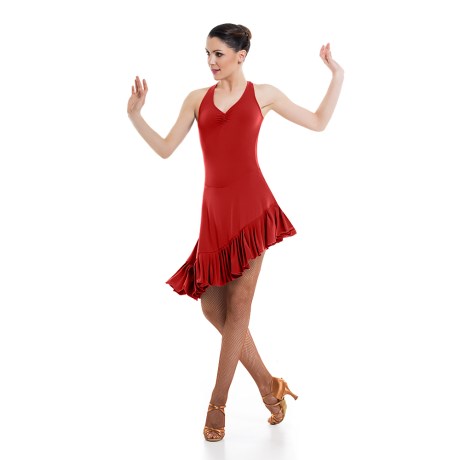 Female Criss-Cross Asymmetric Leotard Dress feat Wide Straps Low Back & Ruffle Hem, Super Jersey Orange