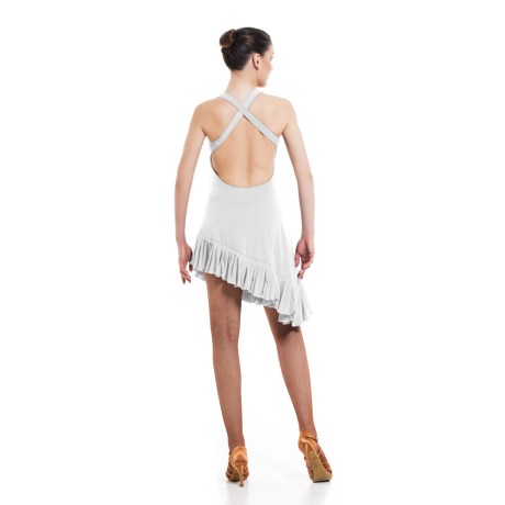 Female Criss-Cross Asymmetric Leotard Dress feat Wide Straps Low Back & Ruffle Hem, Super Jersey White