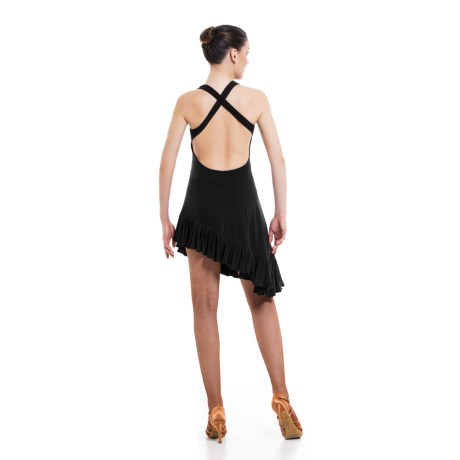 Female Criss-Cross Asymmetric Leotard Dress feat Wide Straps Low Back & Ruffle Hem, Super Jersey Black