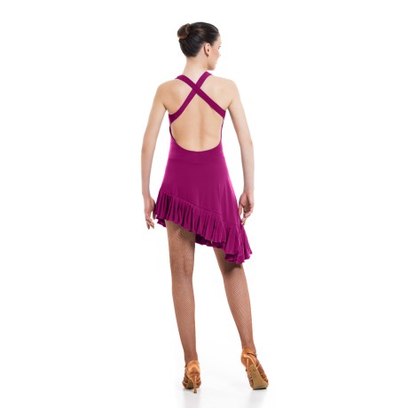 Female Criss-Cross Asymmetric Leotard Dress feat Wide Straps Low Back & Ruffle Hem, Super Jersey Fuchsia