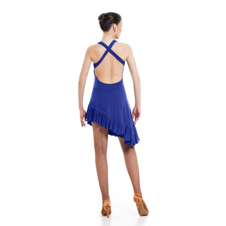 Female Criss-Cross Asymmetric Leotard Dress feat Wide Straps Low Back & Ruffle Hem, Super Jersey Electric Blue