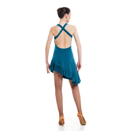 Female Criss-Cross Asymmetric Leotard Dress feat Wide Straps Low Back & Ruffle Hem, Super Jersey Petrol