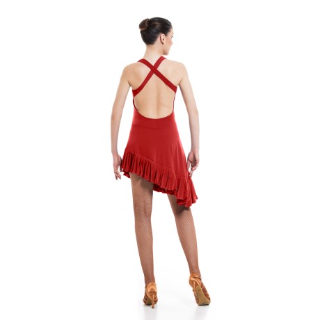 Female Criss-Cross Asymmetric Leotard Dress feat Wide Straps Low Back & Ruffle Hem, Super Jersey Orange