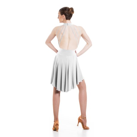 Female Sleeveless Turtle Neck Leotard Dress, feat. Asymmetric Skirt, Low Back & Spaghetti Straps, Super Jersey White