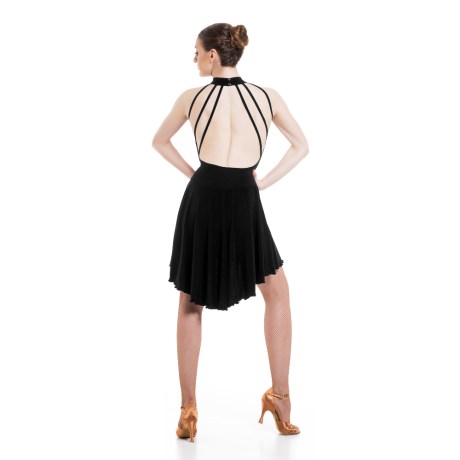 Female Sleeveless Turtle Neck Leotard Dress, feat. Asymmetric Skirt, Low Back & Spaghetti Straps, Meryl Black