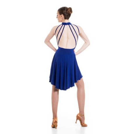 Female Sleeveless Turtle Neck Leotard Dress, feat. Asymmetric Skirt, Low Back &#38; Spaghetti Straps, Super Jersey Electric Blue