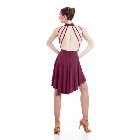 Girls Sleeveless Turtle Neck Leotard Dress, feat. Asymetric Skirt, Low Back & Spaghetti Straps, Super Jersey Burgundy