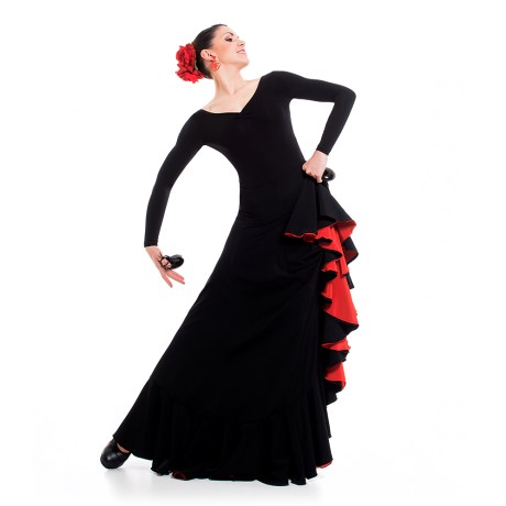 Female 6 Panels Flamenco Skirt Double Ruffled, Marocain Black