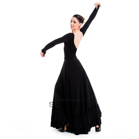 Female 8 Panels Spanish Skirt With 2 Tiered Ruffle at Hem, Marocain Black