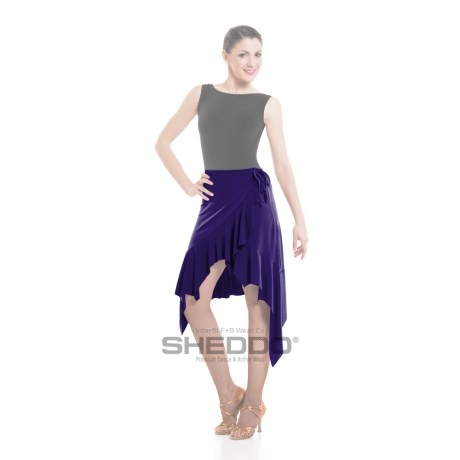 Female Crossover Asymmetric Double Pointed Skirt With Ruffle Hem, Super Jersey Eggplant
